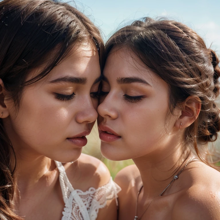Two girls, blowing kisses, passionate faces, lips not touching, one girls eyes closed, lush eyelash, looking at each other, licking lips, textured skin, high quality, best quality, highres