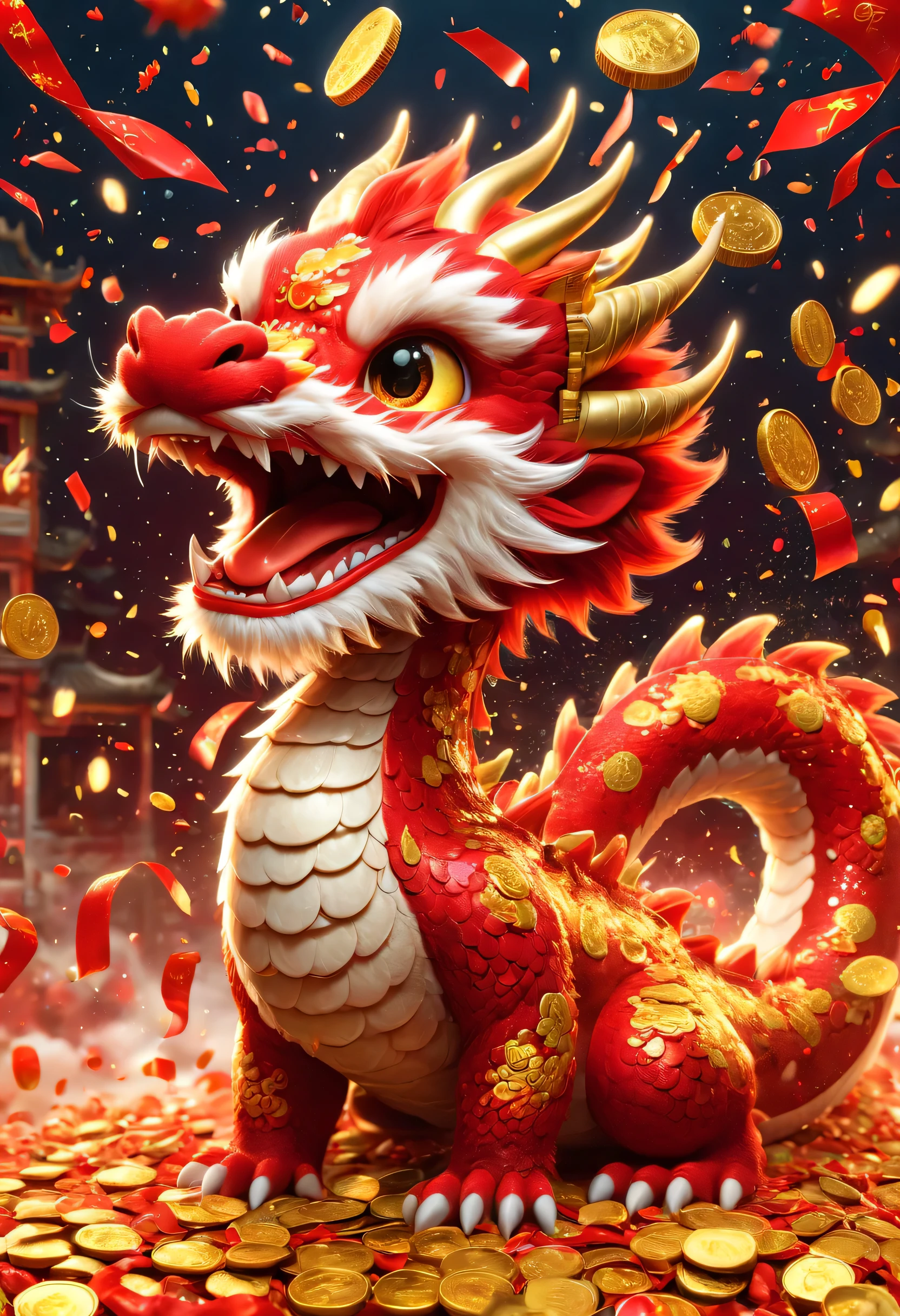Chinese illustration:Lovely,Oriental dragon portrait,big furry head,hairy body,color。Many gold coins burst out from firecrackers,Red and gold confetti flying in the sky,Gold coin rain,A strong festive atmosphere,It was very lively。