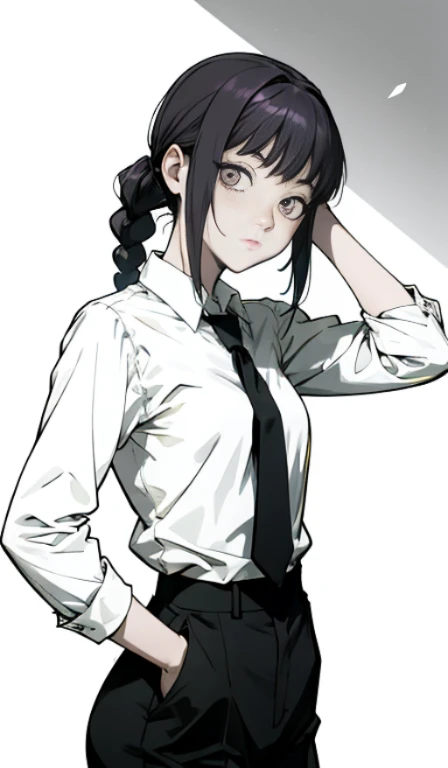 Makima una chica,age 21,Camisa manga larga, black pant, corbata negra,high resolusion, ultra detallado, Sombra realista,ojos dorados brillantes, ambiente oscuro,olis, sensual.