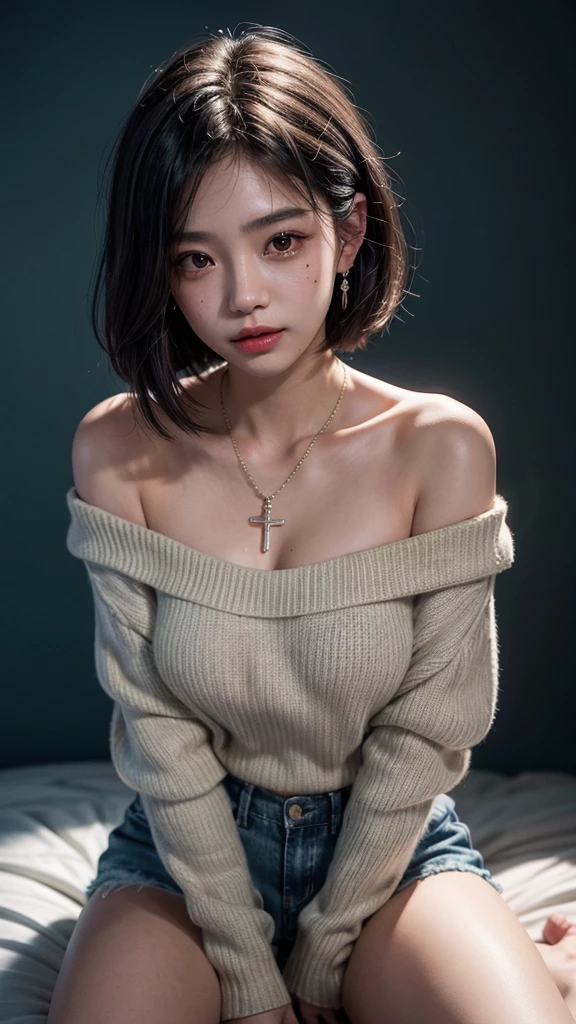 ((Best Quality))、((Masterpiece))、(short hair young girl)、beautiful and detailed eyes、beautiful and detailed face、(off-the-shoulder sweater、Oversized sweater)、(Hidden Shorts)、(cross-legs sitting、Hands lying on thighs)、on the beds、large full breasts、Deep valley、top-quality、masterpiece、illustratio、extremely delicate and beautiful、highlydetailed skin、CG、Unity、16k wallpaper、astonishing、finely detail、Highly detailed CG Unity 16k wallpapers、huge filesize、hight resolution、Handsome detailed woman、extremely detailed eye and face、 Stunning detailed eyes、Facial light、(The best illustrations:1.1)、(Best Shadows:1.1)、超A high resolution、(Photorealsitic:1.1)、(Photorealistic 1.2:1.1)、Realistic facial proportions、Slimed、a smile、(fluffy black eyes:1.21)、black eyes、Look at viewers、dark brown hair、耳环、a necklace、hair pin、FULL BODYSHOT、(irregular skin imperfections、vein、mole、Wrinkles on the skin、pores:1.2)、(Dark night background: 1.2)、(bokeh dof:1.4)、 maximum sharpness and sharpness accurate simulation of light-material interactions、perfect proportions、octane rendering、duotone lighting, low ISO、white balance、rule of thirds、wide aperture
