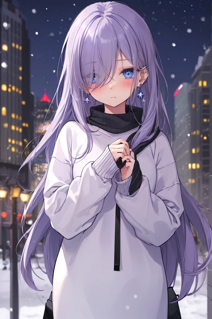 ((masterpiece:1.4, best quality:1.2)), 1girl, solo focus, beautiful skin, blush, grey sweatshirt, long Violet hair, blue eyes, earrings, Hands piercing, night, snowing, cityscape, tall female, beautiful and delicate female, comfy ambience, {detailed background}, hair over one eye, shy, sexy female genitalia