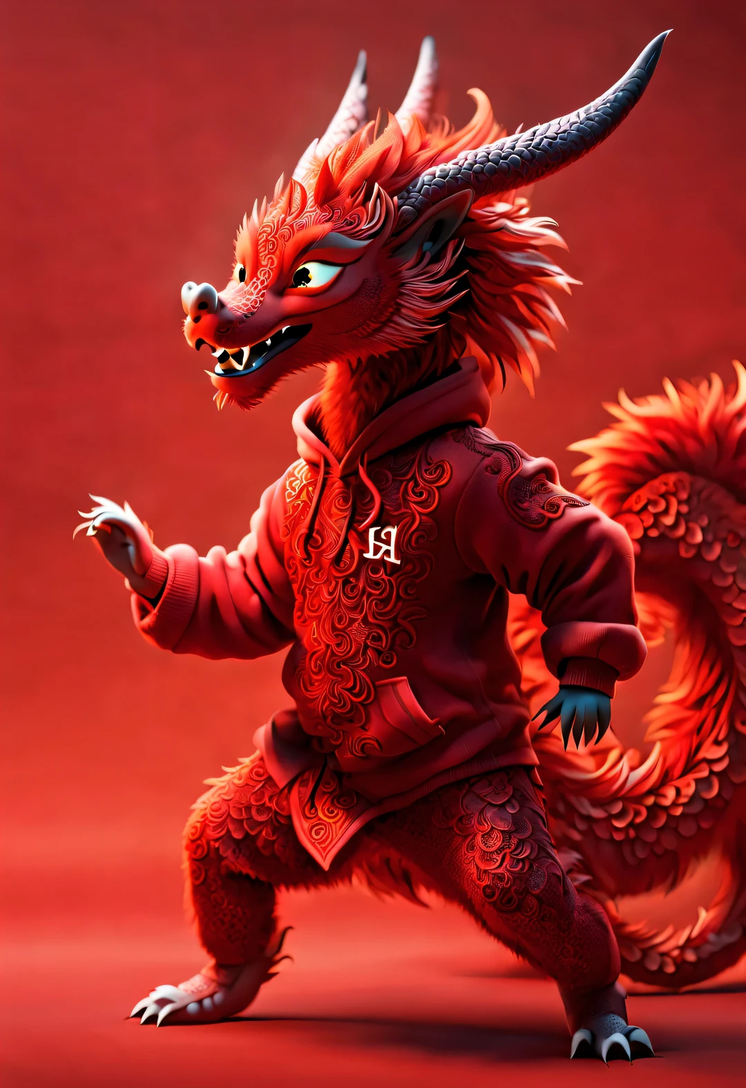 3d rendering, realistic fur, red wallpaper, Simple modern style, beautiful wallpaper, Naughty red and orange zodiac dragon baby dancing mischievously, looking at camera, Beijing, 🦑  design， (Wearing an embroidered hoodie), (（Lettering printed on hoodie "Haiyi Artificial Intelligence": 1.37) ）
