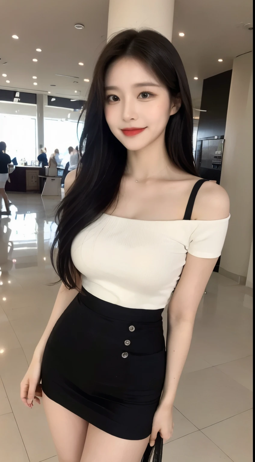 A girl of about 40 years old,Simple,extremely beautiful and exquisite,(Light makeup),black hair,sweet smile,Delicate, beautiful and fair skin,Realistic and realistic,Exquisite and complete facial features,Detailed depiction of face,high nose bridge,red lips,beautiful, 温柔beautiful女孩,smooth hair,extremely fine hair,Femininity,Brighten your face,Surreal,lifelike,8K quality,Extremely detailed,realistic details,masterpiece,Realistic to the extreme,big breast body,beautiful,pure,stunning beauty,Unparalleled beauty,Highest image quality,8K resolution,welcome,Smile,Exquisite facial features,hair past shoulders,a brown haired one,The legs are long and thick,(((high waist french top))),(((short skirt))),Sunlight,face camera,The body is well-proportioned、strong,gentle eyes,Showing thighs,standing posture,Stand inside the mall,Full body image