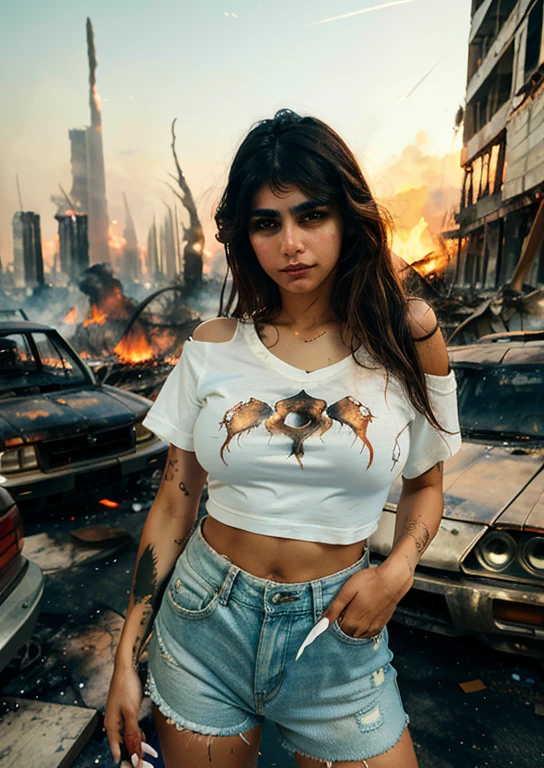 (((miak))), photograph of a sexy young woman, with a seductive breast, big breast, long messy hair, extremely beautiful and attractive, dressed in basic torn white t-shirt, torn tight jeans ((in front of a city devastated by fire)), (((monsters of stones fighting in the background))), (dark sky), full shot, real pose and attitude.