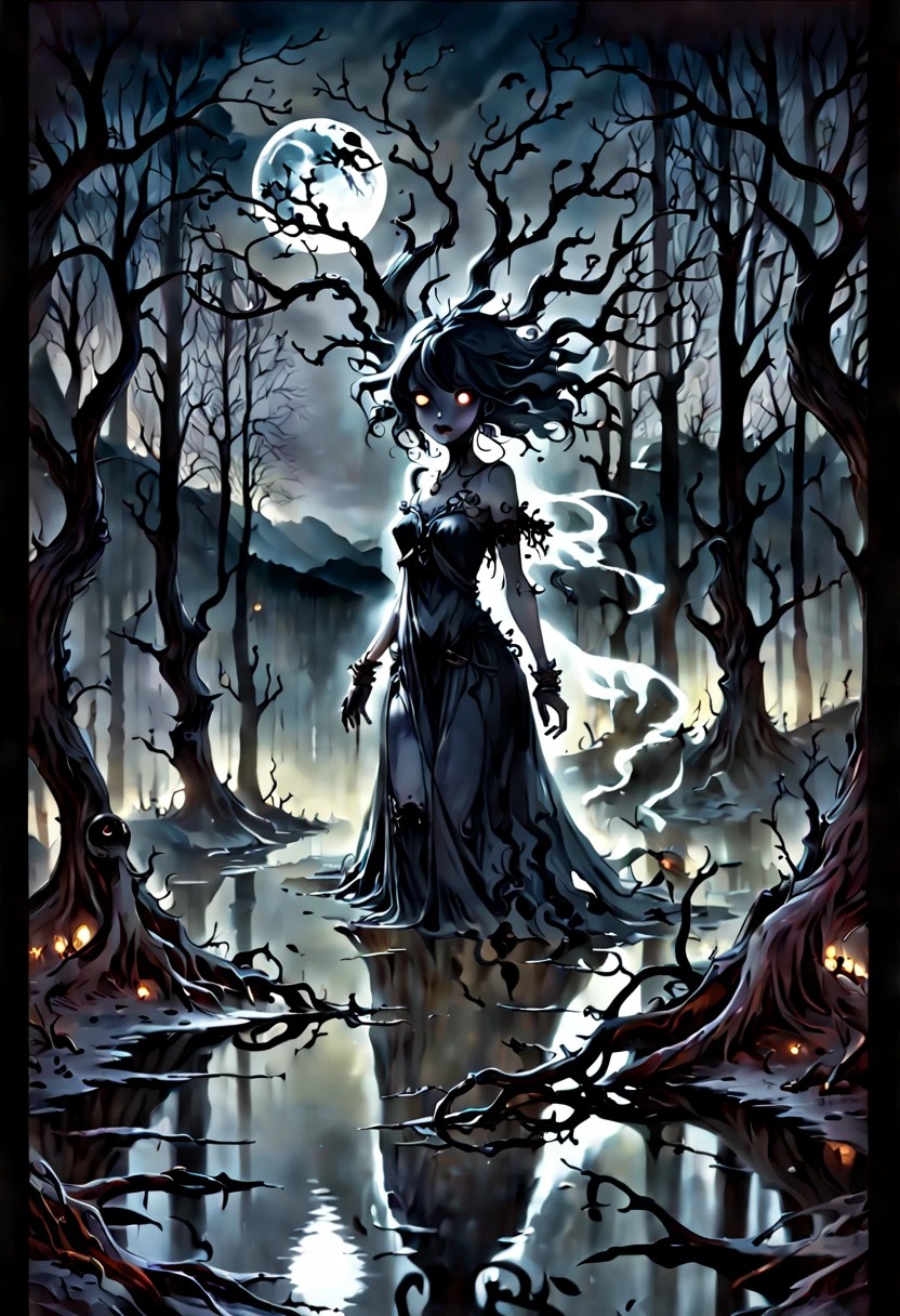 (best quality,4k,8k,highres,masterpiece:1.2),ultra-detailed,(realistic,photorealistic,photo-realistic:1.37),Endless Night,hyperdetailed,double exposure,fantasy,Richard Anderson style,Gris Grimly style,Norman Ackroyd style,dark atmosphere,ethereal,moonlit sky,ominous shadows,haunting silhouette,enchanted forest,mythical creatures,gothic architecture,mysterious fog,stars shining,glowing moon,wispy clouds,magical aura,eerie color palette,contrasting lights and darks,moonlight reflecting on water,surreal landscape,dreamlike ambiance