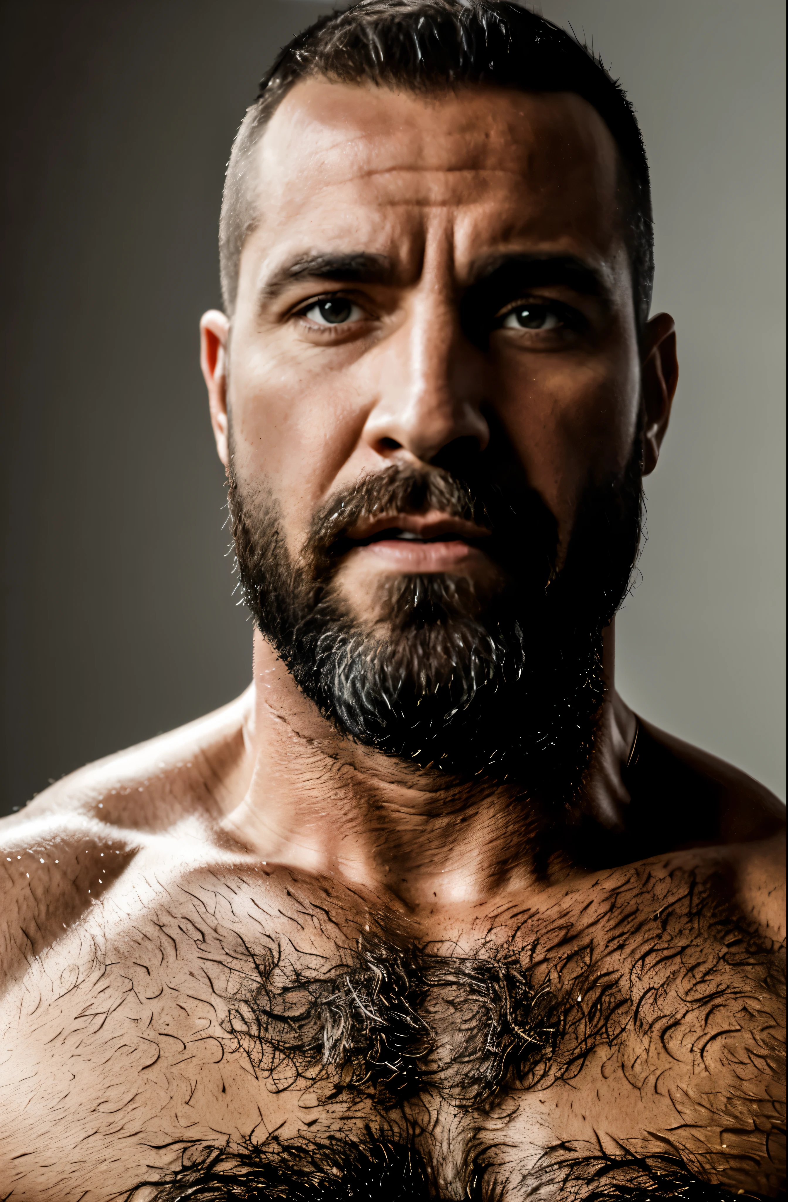 A portrait of a muscular 40 year old man., vistiendo una camiseta blanca y estando desnudo, provocativo, (Mejor calidad, 4k, high resolution, obra maestra:1.2), ultra detallado, (Realista, photoRealista:1.37), Estructura corporal fuerte, defined muscles, mirada intensa, Robust features, abdominales esculpidos, dramatic lighting, pose seductora, Colores vibrantes, Hiperrealismo, 8k, barbado, masculino.