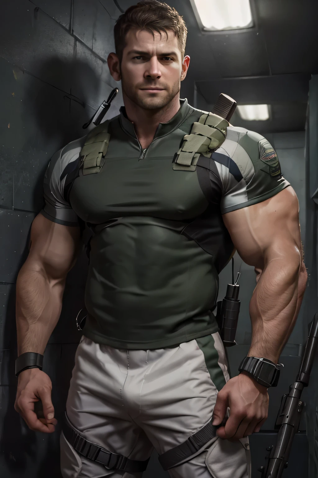 1 man, solo, 35 year old, Chris Redfield, wearing a green T-shirt, serious face, looking at the camera, white color on the shoulder and a bsaa logo on the shoulder, military tactical suit, equipment, (smirk), tall and hunk, biceps, abs, chest, best quality, masterpiece, high resolution:1.2, upper body shot, dark black gloomy hallway with not background