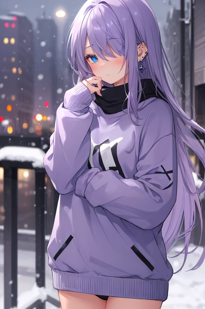 ((masterpiece:1.4, best quality:1.2)), 1girl, solo focus, beautiful skin, blush, grey sweatshirt, long Violet hair, blue eyes, earrings, Hands piercing, night, snowing, cityscape, tall female, beautiful and delicate female, comfy ambience, {detailed background}, hair over one eye, shy, sexy female genitalia