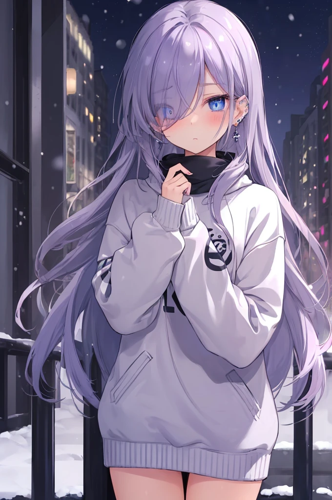 ((masterpiece:1.4, best quality:1.2)), 1girl, solo focus, beautiful skin, blush, grey sweatshirt, long Violet hair, blue eyes, earrings, Hands piercing, night, snowing, cityscape, tall female, beautiful and delicate female, comfy ambience, {detailed background}, hair over one eye, shy, sexy female genitalia