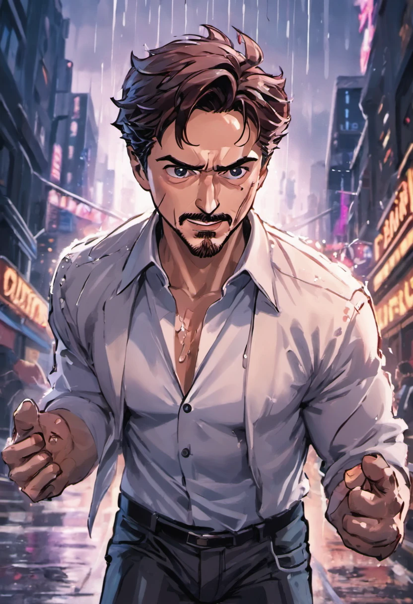 Tony Stark in the middle of the future street in the evening, in a white shirt, rain, Grins, looking into the camera, in detail
