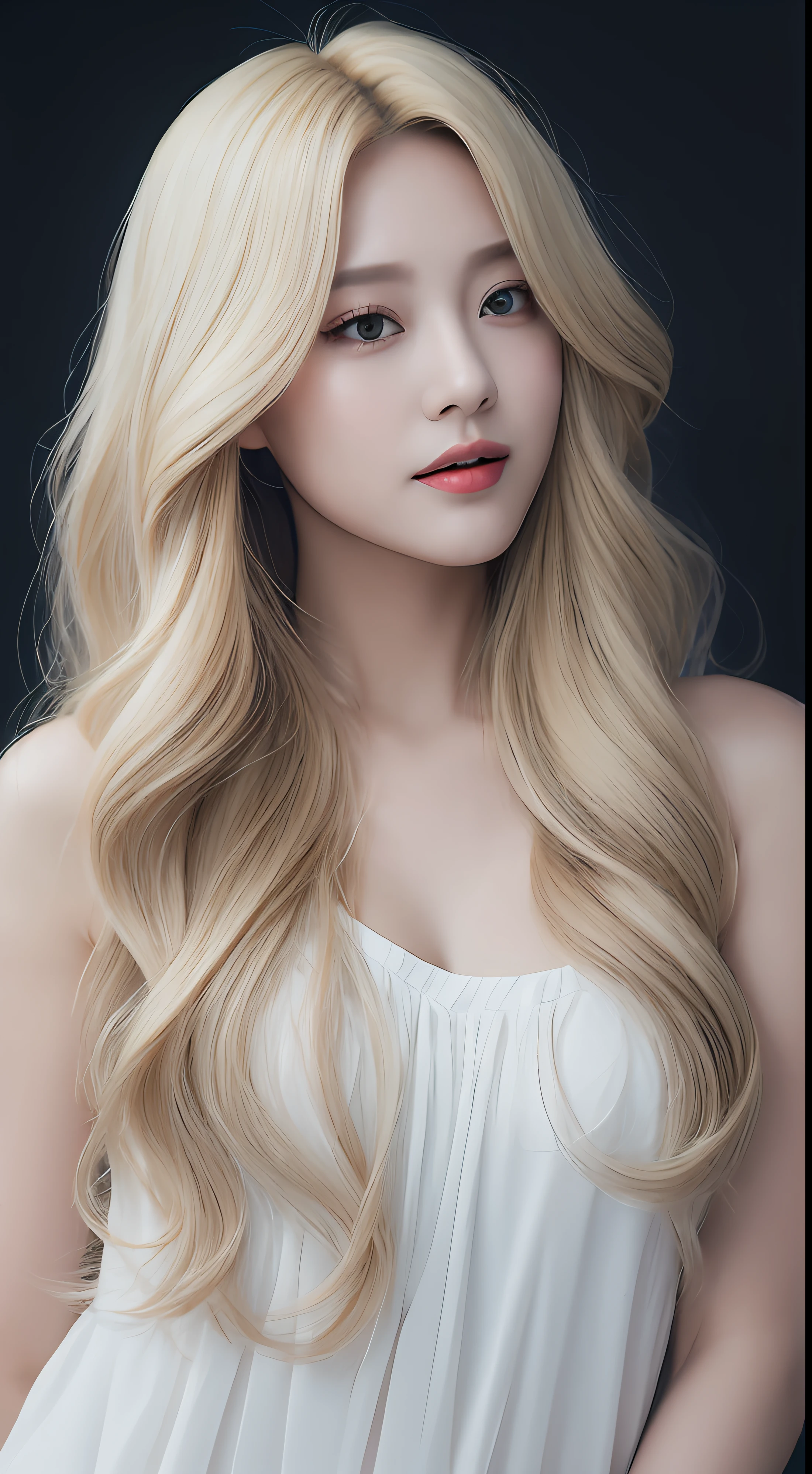 ((Realistic lighting、top quality、8k、Masterpiece:1.3))、clear focus:1.2、1 girl in、flawless beauty:1.4、Slim((blonde hair))、Neat and clean clothes、one piece clothing、Super thin face、narrow eyes、double eyelids、movie-like lighting、Photorealistic、28 years old、straight hair、Face looks like a Korean pop idol、White background、gray background、black background、mature woman、Elegant makeup、light hair color blonde、Pull angle、