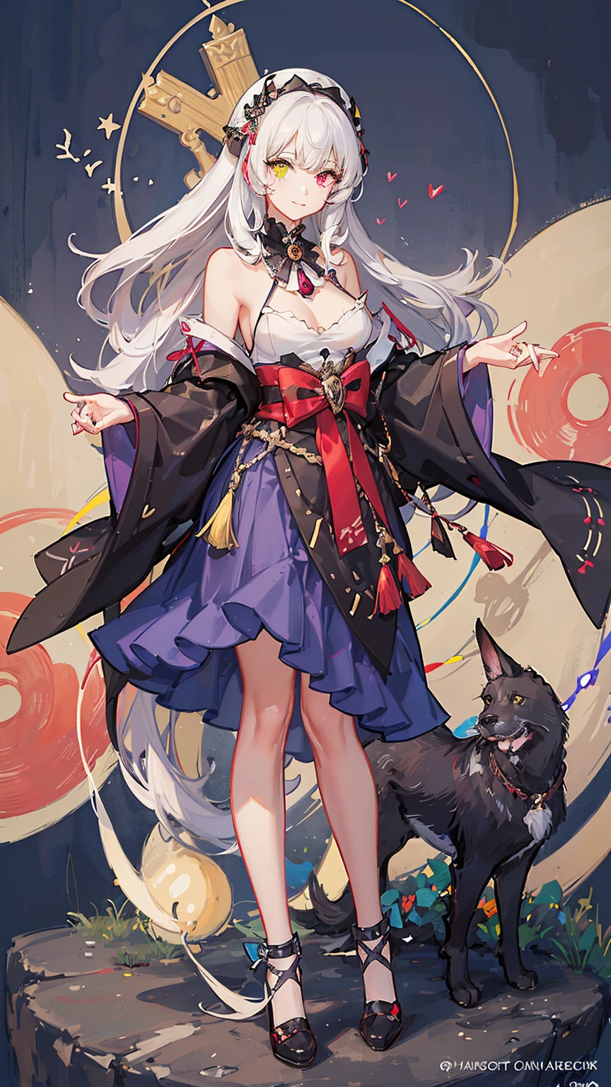 1girl,with 1black dog and 1white dog,silent smile,nail polish,beautiful illustration ,(heterochromia,purple eye,yellow eye),(big breasts),beautiful face,deep blue long hair, shrine maiden outfit,red skirt,mysterious mood,in the night,moolight,best quality, high quality, masterpiece, HD,4K,8K