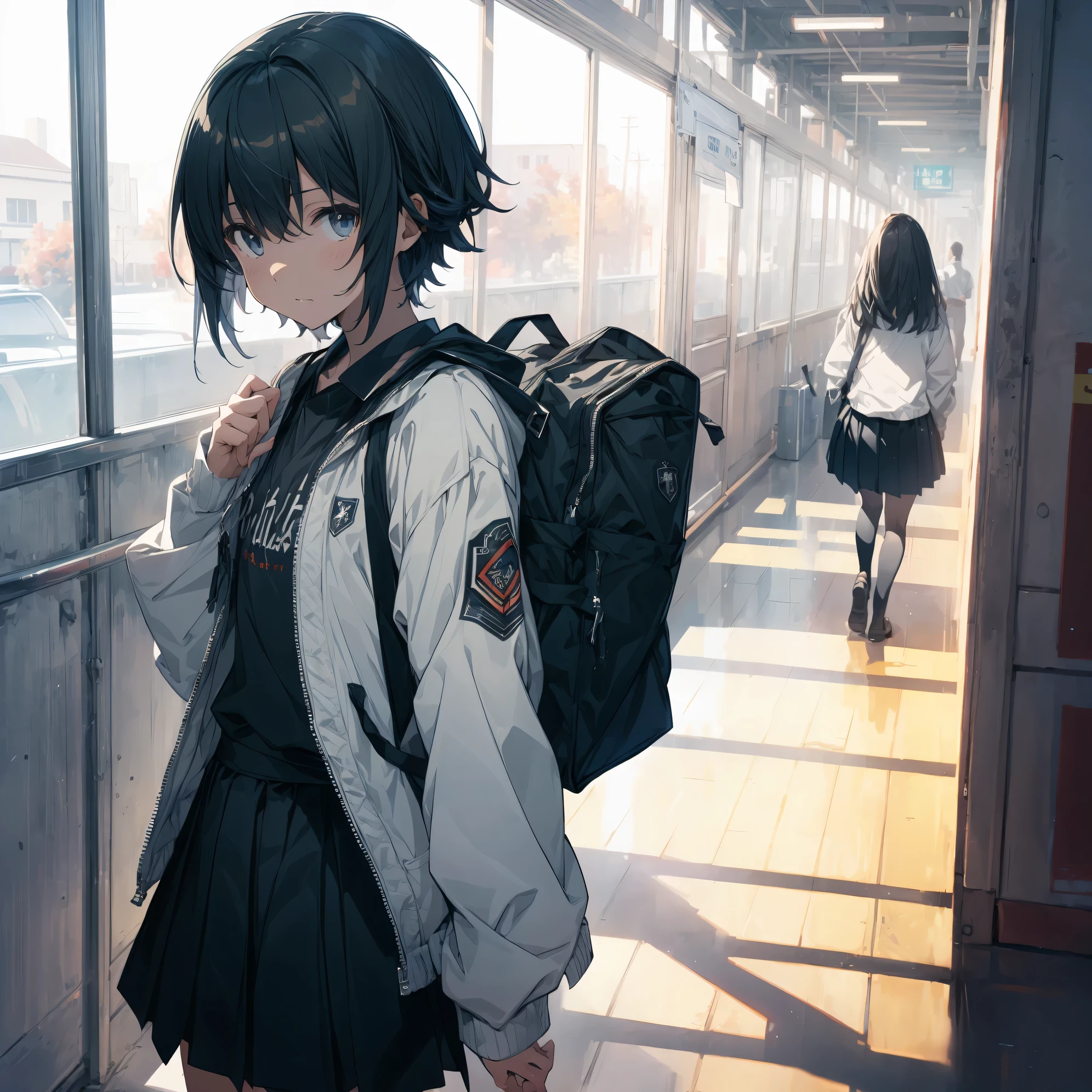 Super high quality by the art god, super detailed, High resolution, Shinkai Makoto style, anime moe art style, best anime 8K konachan wallpaper, pixiv contest winner, perfect anatomy, break,(眠そうにalone学校へ行く女の子を描いてください. ),break, surreal high school girl, (alone,lolita, , 13 years old:1.3),All limbs, full finger,, androgynous charm, (very short hair), messy hair, flat chest, , small ass, between legs, Small black eyes,hanme,beautiful and fine eyes, Well-proportioned iris and pupils, disgusted eyes, High resolutionの詳細な髪, wearing school uniform, (skirt), On the way to school. break,super dense skin, Best lighting by famous artists, 8K, cute illustration,surrealism, UHD, rough skin