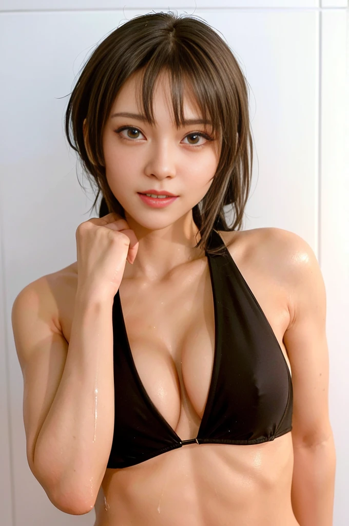 (Japanese idol, 1 girl, unparalleled beauty, Seduce, smile, small face, perfect style, Body based on human mechanics, Raw photo, real person:1.4) photograph, (professional lighting), (((highly detailed eyes and face))), ((double eyelids)), (Tits sharp focus:1.4), (Wet brown hair, ponytail, elegant light makeup, eyeliner, mascara:1.4), huge , shiny skin, 20-year-old, ((slim body, slender)), (micro bikini, I can see the cleavage, Tifa Lockhart lookalike:1.4), attractive face, NSFW, ,