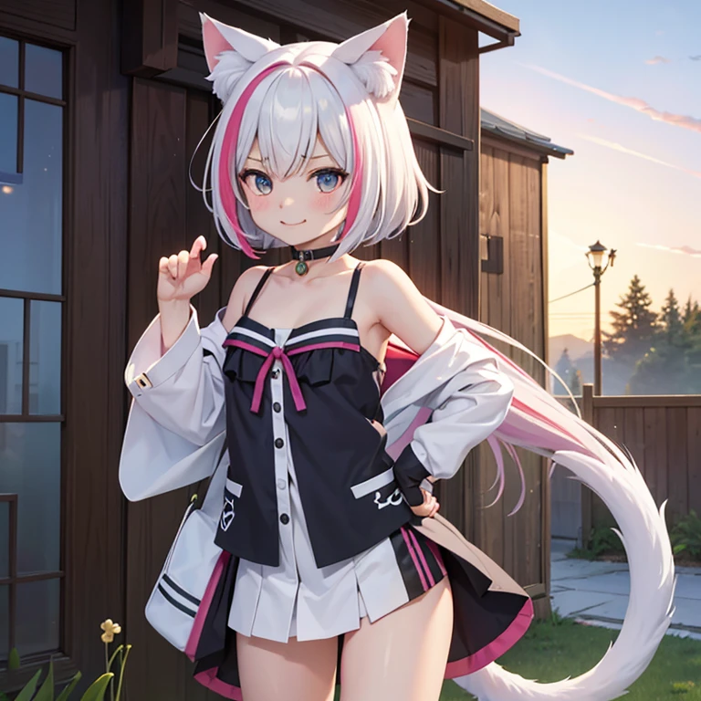 score_9, score_8_up, score_7_up, score_6_up, score_5_up, score_4_up, source_anime, 1girl, cat ears, cat tail, streaked hair, young, cute, smug, standing, male pov, headpat, hand on another's head, outdoors, detailed background,Naked,ランダムポーズ,しゃがんでポージング,フルヌード,前かがみ,胸チラ,全裸