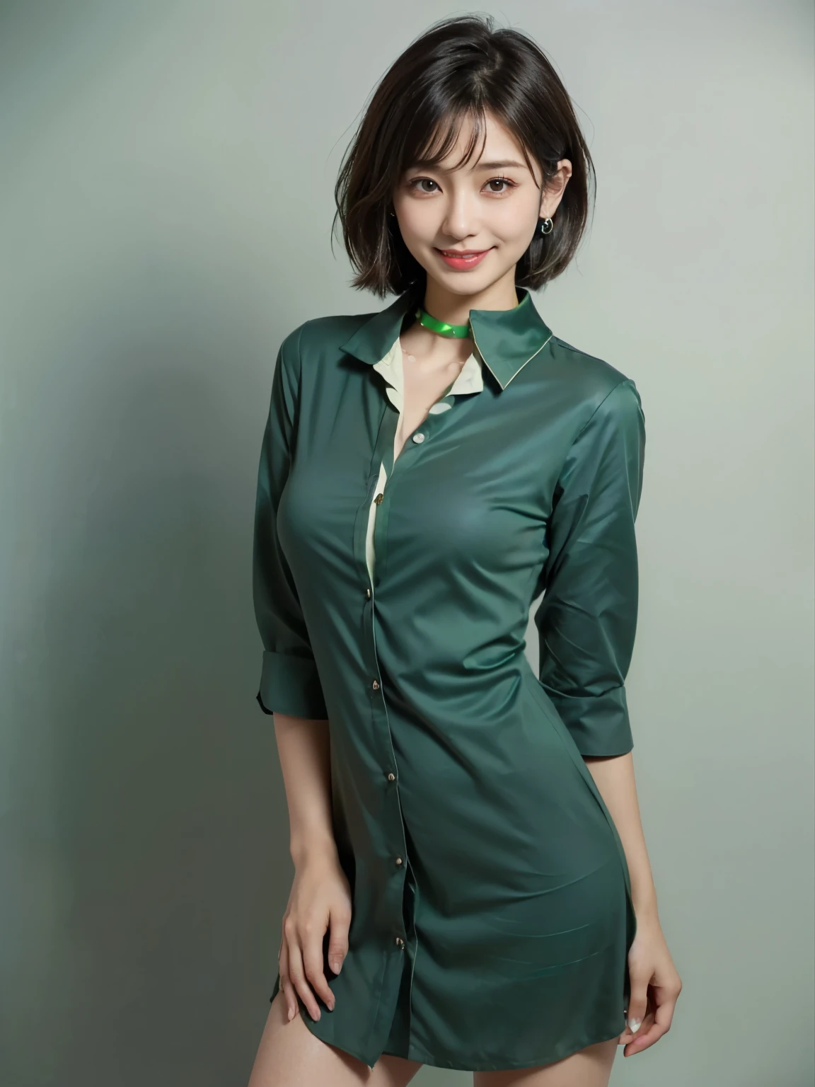 ((((highest quality))))、(((Ultra-precision CG16K wallpaper)))、(((masterpiece)))、(((Super detailed)))、(((super extreme details)))、1people's women、mature woman、25 year old woman、((Japanese face))、((very beautiful face))、((NHK Announcer、Yurika Kawaguchi:1.5))、((Straight Short Bob Hair:1.3))、(shiny hair)、bangs up to eyebrows、beautiful brown hair、beautiful delicate eyes、brown eyes、C-shaped eyebrows、high nose、small nostrils、small mouth、seductive lips、mouth slightly open、beautiful breasts、C cup size breasts、plump body、perfect proportions、perfect anatomy、perfect composition、beautiful detailed shading、beautiful natural lighting、beautiful detail glow、Depth of bounds written、(((High chroma)))、(((real:1.9)))、((vivid:1.4))、((beautiful skin))、((skin texture))、((realな皮膚感))、(((cowboy shot:1.5)))、((Angle seen from the front:1.5))、((smile:1.4))、(Eyes looking at me:1.5)、bright sunshine、(((Park Square:1.3)))、(standing pose:1.5)、(((Dark green color open collar shirt dress clothing:1.6)))、