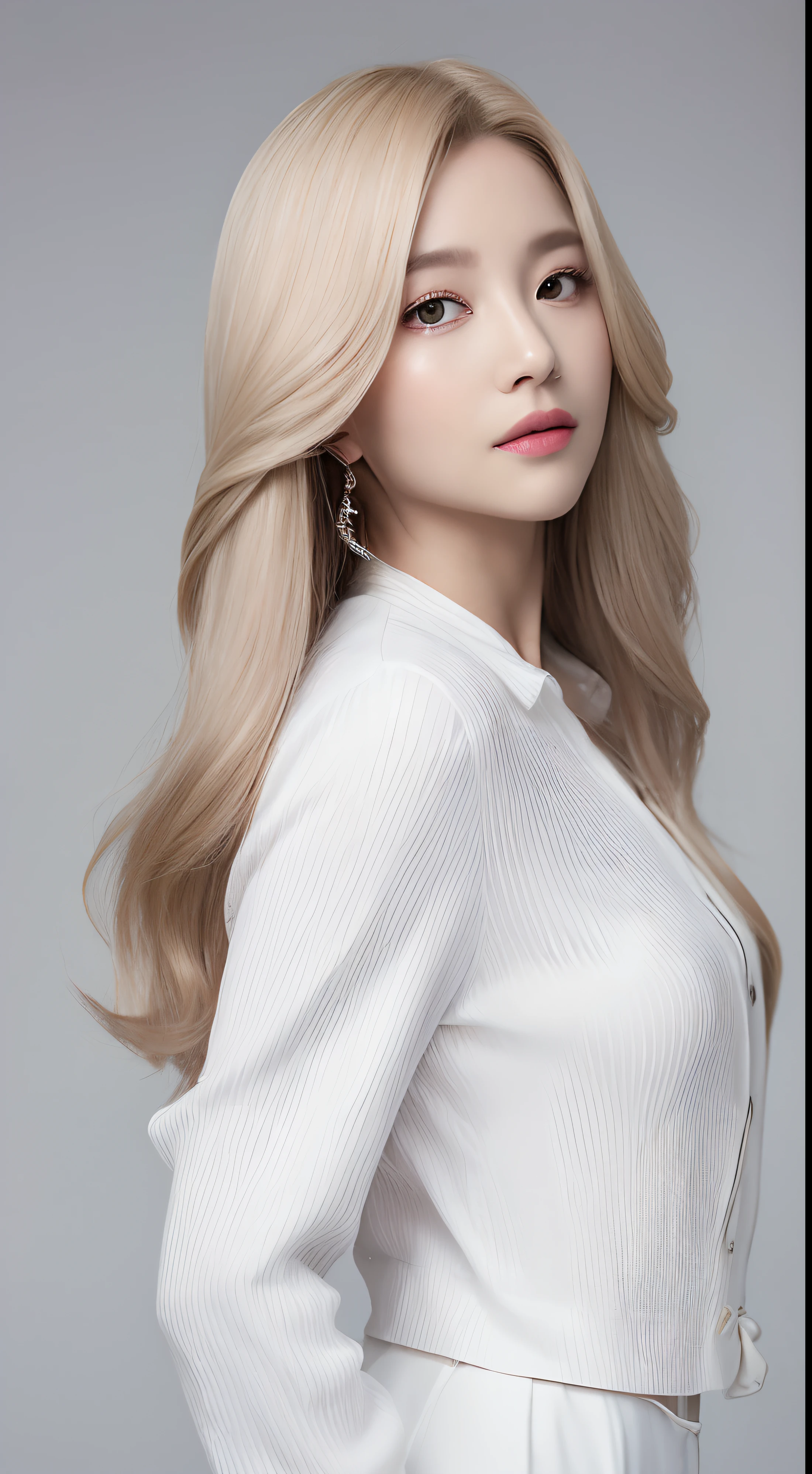 ((Realistic lighting、top quality、8k、Masterpiece:1.3))、clear focus:1.2、1 girl in、flawless beauty:1.4、、Neat and clean clothes、one piece clothing、Super thin face、narrow eyes、double eyelids、movie-like lighting、Photorealistic、28 years old、Face looks like a Korean pop idol、White background、gray background、mature woman、Elegant makeup、Pull angle、hair length、long hair、long hair、blonde hair、Light hair color、straight hair