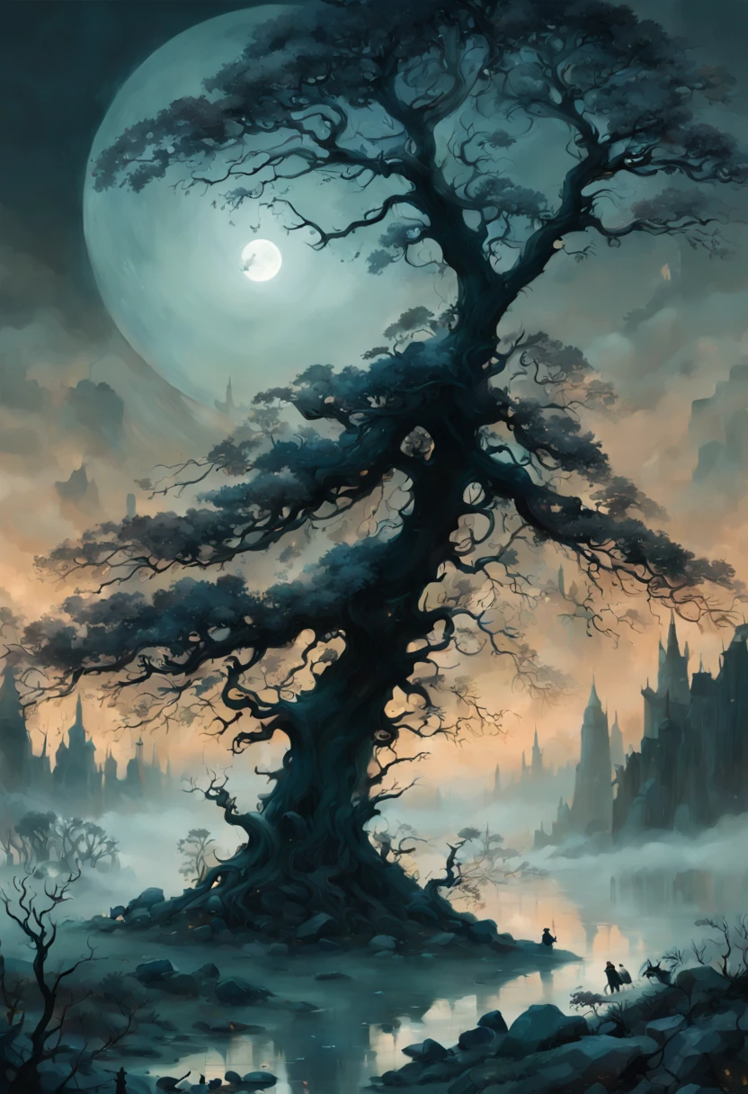 (best quality,4k,8k,highres,masterpiece:1.2),ultra-detailed,(realistic,photorealistic,photo-realistic:1.37),Endless Night,hyperdetailed,double exposure,fantasy,Richard Anderson style,Gris Grimly style,Norman Ackroyd style,dark atmosphere,ethereal,moonlit sky,ominous shadows,haunting silhouette,enchanted forest,mythical creatures,gothic architecture,mysterious fog,stars shining,glowing moon,wispy clouds,magical aura,eerie color palette,contrasting lights and darks,moonlight reflecting on water,surreal landscape,dreamlike ambiance