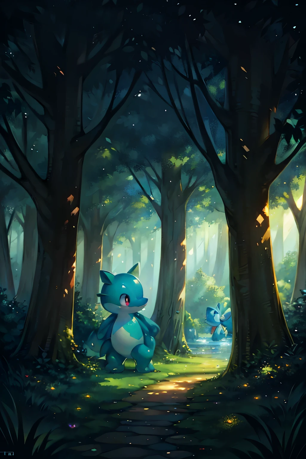 In the heart of an enchanting forest, a Totodile, the adorable Water-type Pokémon, is discovered going about its day. The forest is bathed in the gentle light filtering through the dense canopy above, casting dappled patterns on the mossy ground. Totodile, with its vibrant orange and green scales, blends seamlessly with the verdant foliage. Its large, expressive eyes, filled with curiosity and wonder, sparkle brilliantly in the sunlight. The forest provides a perfect backdrop for this charming creature, as it explores the wonders of its natural habitat. This full-body portrait of Totodile captures its playful spirit and the ser