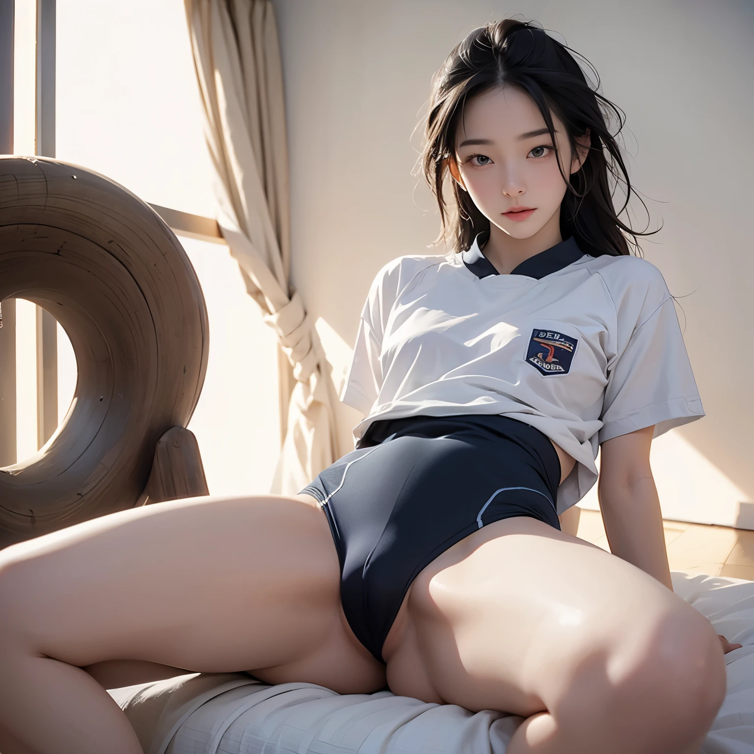highest quality、dark pubic hair、insert penis into vagina、hold the penis、have sex with a man、track and field ball uniform、naked、sweaty、Covered in semen、orgasm、heavy breathing、 into the vagina、vaginal opening