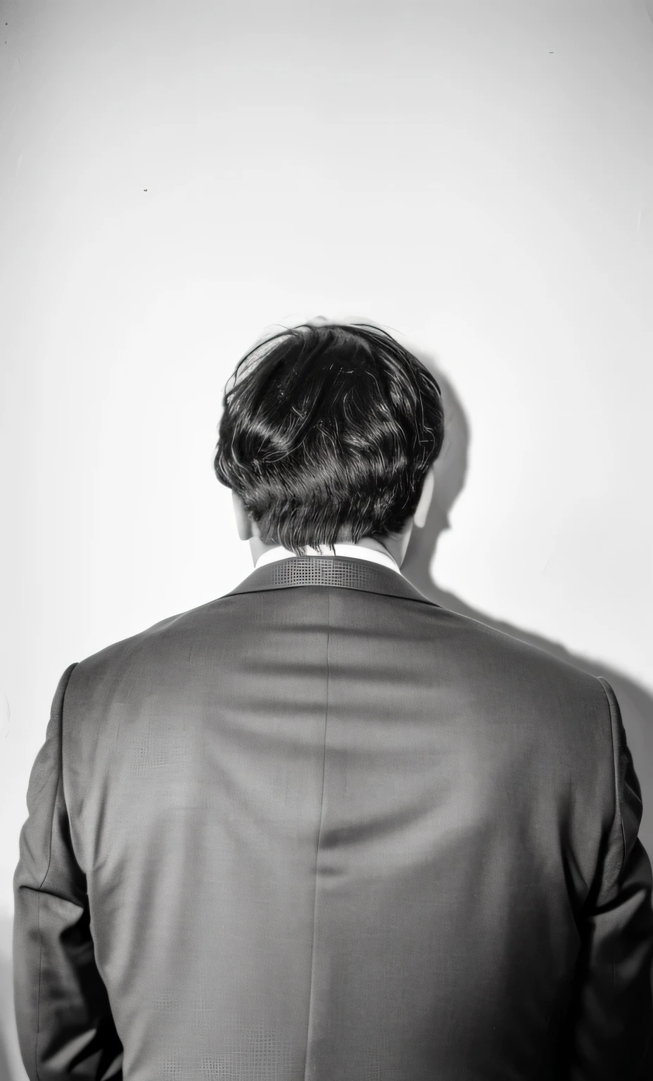 arafed man in a suit and tie standing in front of a wall, facing away from camera, back of head, photographed from behind, facing away from the camera, looking from behind, photo still of behind view, with his back to the viewer, photographed from the back, joon ahn, close-up shot from behind, face partially obscured