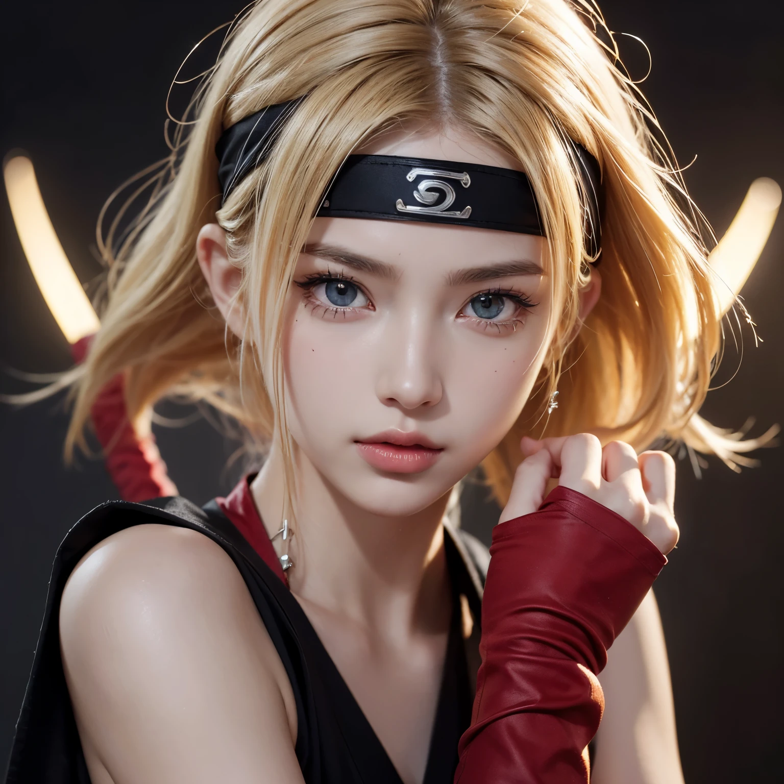 8K, masterpiece, Raw photo, Best Quality, photorealistic, high resolution, depth of fields, Cinematic Light, Lens Flare, Ray tracing, (Extremely beautiful face, Beautiful lips, Beautiful eyes), intricate detail face, ((Ultra detailed skin)), 1women, charming Russian model Nata Lee, light blonde hair, solo, full body, hips up, look at viewer, (detailed face), ninja, naruto style, headband, tattoo, jewelry, red ninja costume, holding a ninja weapon (shuriken).