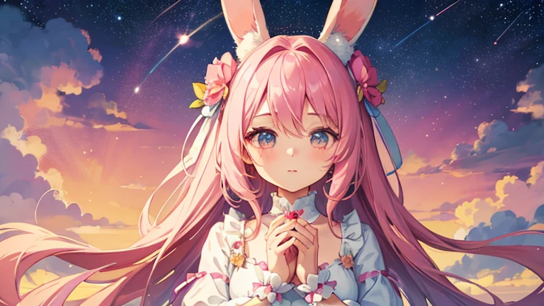 beautiful illustrations, highest quality, pretty girl, pastel colour, fluffy rabbit ears, , pink long hair, rabbit stuffed, starry sky,