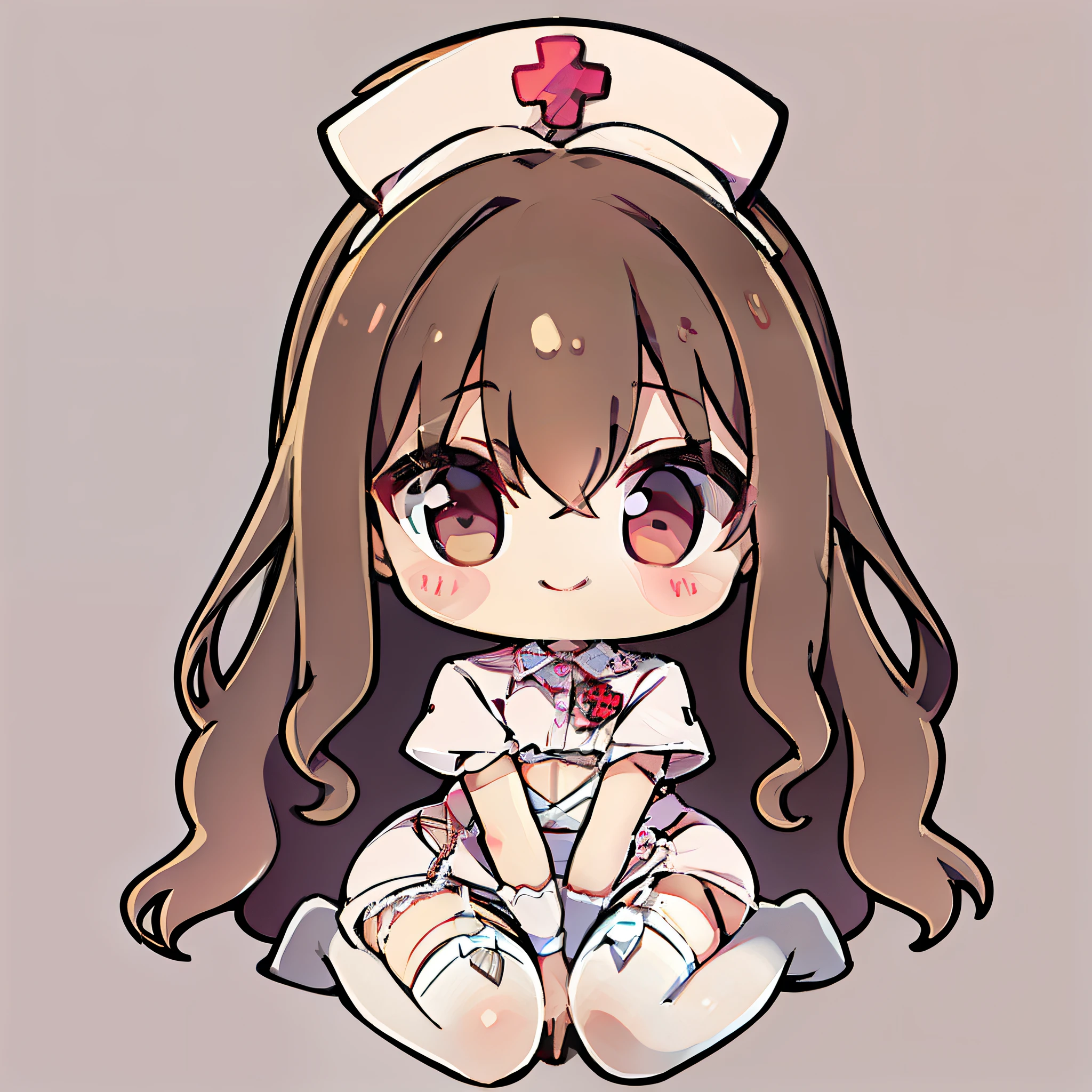pieces fly、Super detailed、high quality、masterpiece、最high quality, 1 girl, light brown hair:1.5、wavy long hair、brown eyes、alone、kneel down、nurse uniform、garter belt、garter stockings、Crossed nurse cap、bewitching smile、{{pink background、 background:1.8}}、Full body Esbian、icon、