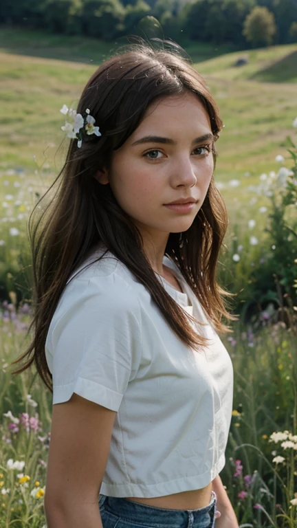 image of girl in the middle of flowers half blurred