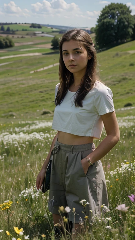 Girl against the backdrop of a meadow with flowers