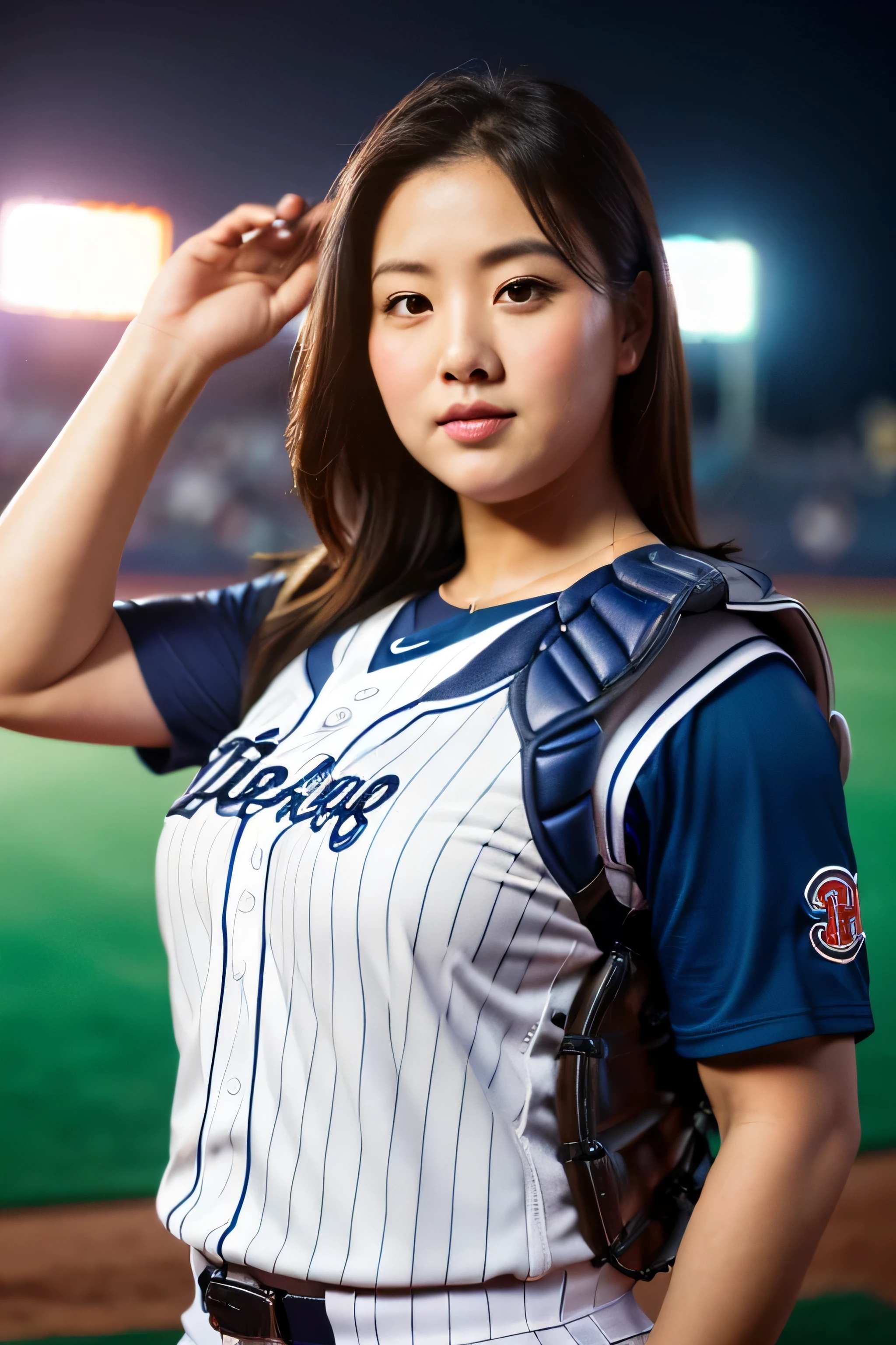 woman posing for a photo,(wear baseball_uniform:1.3), good hand,4K, High resolution, masterpiece, highest quality, head:1.3,((hasselblad photography)), fine skin, sharp focus, (cinematic lighting),1 female breast, Overweight, extremely fat, Chubby, Japanese, clavicle, night, soft lighting, dynamic angle, [:(detailed face:1.2):0.2],(((Inside the baseball field))), outside,
