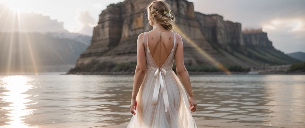 Arafed woman in a wedding dress enters the water, Эфирная backlight, dramatic backlight, flowy dress, Эффектная backlight, Vincent Lefebvre, flowy dress, stunning elegant pose, Matthias Weischer, backlight, cinematic goddess of the shot, Bathed in golden light, unearthly beauty, Awesome photo shoot, Joseph Zimmler, Ethereal Radiance