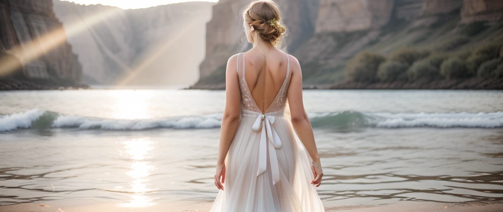 Arafed woman in a wedding dress enters the water, Эфирная backlight, dramatic backlight, flowy dress, Эффектная backlight, Vincent Lefebvre, flowy dress, stunning elegant pose, Matthias Weischer, backlight, cinematic goddess of the shot, Bathed in golden light, unearthly beauty, Awesome photo shoot, Joseph Zimmler, Ethereal Radiance