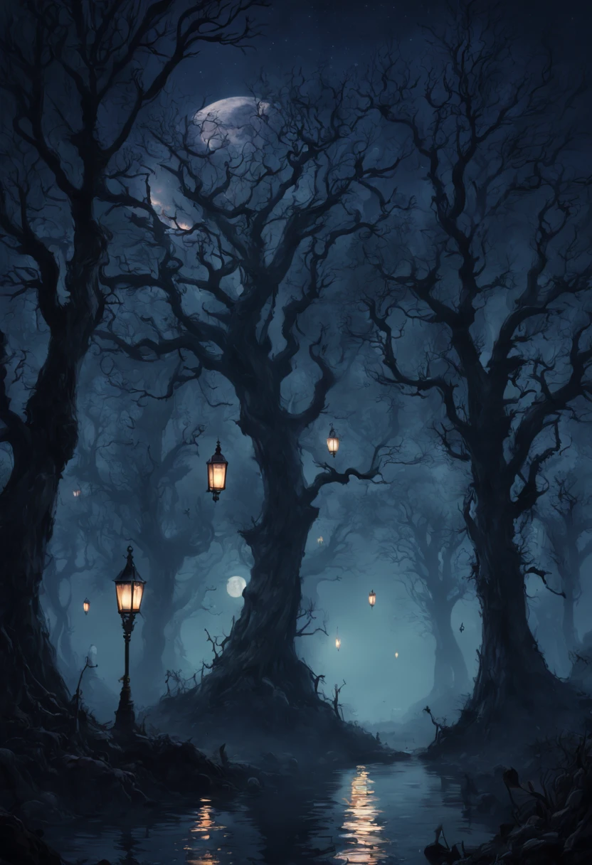 (best quality,4k,8k,highres,masterpiece:1.2),ultra-detailed,(realistic,photorealistic,photo-realistic:1.37),
double exposure, Richard Anderson style, Gris Grimly style, Norman Ackroyd style,
Endless Night, fantasy, hyperdetailed,
mysterious dark sky,powerful moonlight shining,
shadowy figures, ethereal beauty, haunted atmosphere,
dreamlike landscapes blending with magical creatures,
intricate details creating a sense of depth,
fine lines and delicate textures,
contrast of light and darkness,
playful and surreal elements,
rich colors, enhanced contrast and saturation,
subtle gradient tones for a surreal feel,
flickering candlelight, casting eerie shadows,
whimsical and eerie characters,
enchanting trees with twisted branches,
mystical aura surrounding the scene,
magical glowing orbs and floating lanterns,
detailed gothic architecture,
captivating night sky with stars and constellations,
foreboding landscapes with hidden secrets,
intriguing moonlit reflections on water,
crimson and deep purple shades,
hauntingly beautiful shadows,
glimpses of fantastical creatures,
mysterious fog adding an air of mystery,
impressive sense of scale,
hidden pathways leading to the unknown,
dreamy and surreal atmosphere,
fine details illuminating the scene,
spellbinding use of light and shadow,
uncanny mix of reality and dreams,
otherworldly creatures emerging from the darkness,
subtle hints of horror and darkness,
expression of emotions through visual elements,
intricate patterns and ornate designs,
intriguing storytelling through visuals,
dramatic and atmospheric setting.