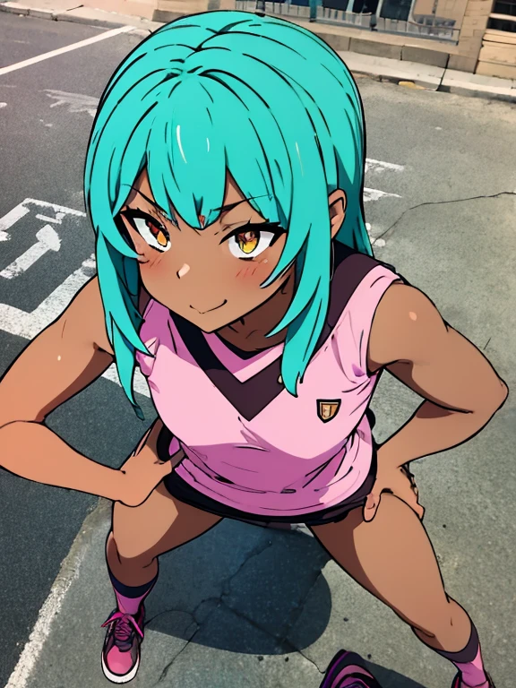 ((masterpiece)), high quality, best quality, beautiful, hd, perfect lighting, detailed face, detailed body, 1 girl, solo, full body view, wide angle, ((dark brown skin:1.3)), ((turquoise hair:1.3)), (pink eyes, small breasts), school yard:1.4, wearing a sport uniform, penis showing, cheerful,