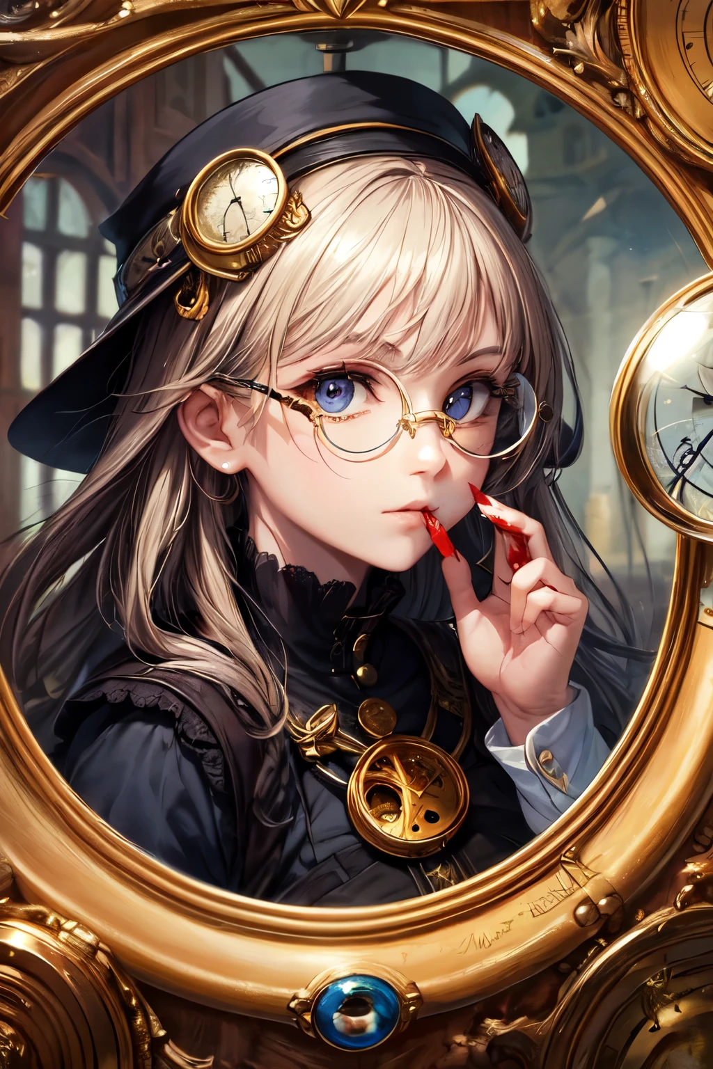 ((best quality)), ((masterpiece)), (detailed), perfect face, bloody, clock, good, magnifying glass, woman, Create a portrait image for a character named Investigator who is good in a game called Blood on the Clock. The Investigator is a townsfolk character. The character has a magnifying glass and monocle.