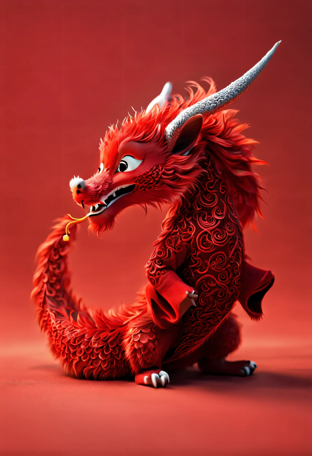 3d rendering, realistic fur, Red expansion style wallpaper, Simple modern style, beautiful wallpaper, embroidery, yarn,
A very slender playful red and orange zodiac dragon baby flying playfully looking at the camera, (playful head tilt gesture), (clear long curly beard), (smiling), (穿着embroidery连帽衫), (Lettering printed on hoodie "Haiyi Artificial Intelligence": 1.37), red background, Beijing, China, 🦑  design,