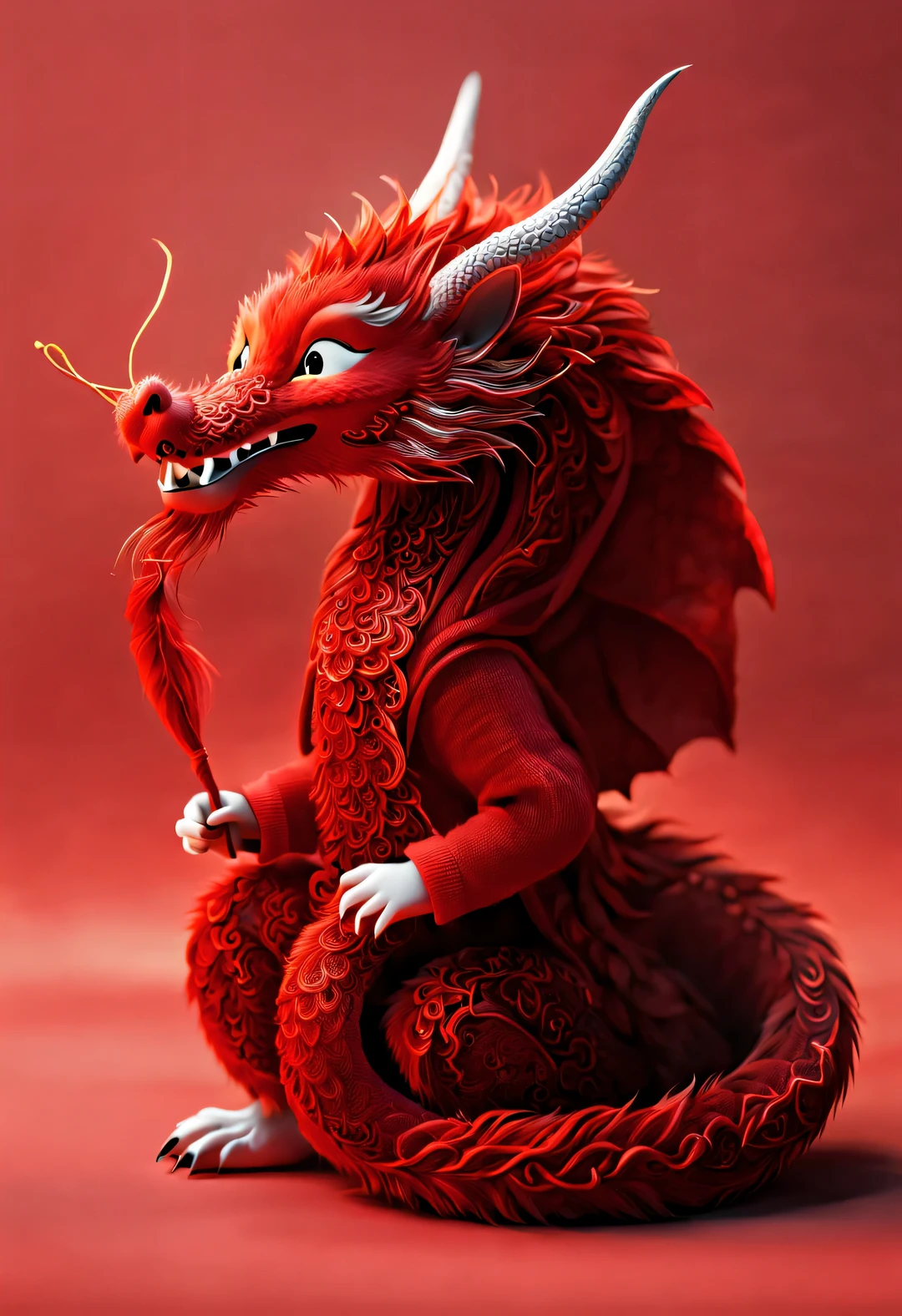 3d rendering, realistic fur, Red expansion style wallpaper, Simple modern style, beautiful wallpaper, embroidery, yarn,
A very slender playful red and orange zodiac dragon baby flying playfully looking at the camera, (playful head tilt gesture), (clear long curly beard), (smiling), (穿着embroidery连帽衫), (Lettering printed on hoodie "Haiyi Artificial Intelligence": 1.37), red background, Beijing, China, 🦑  design,