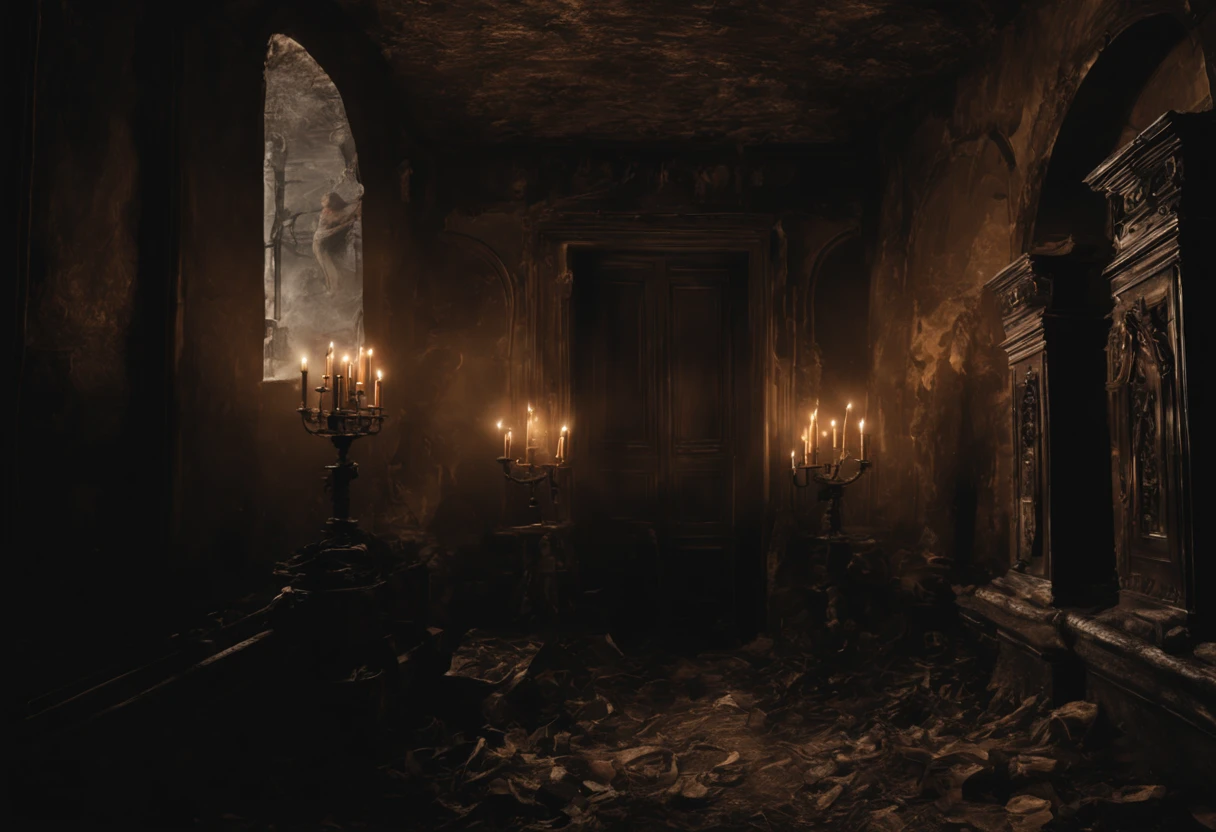 (best quality,4k,8k,highres,masterpiece:1.2),ultra-detailed,(realistic,photorealistic,photo-realistic:1.37),dark and mysterious,haunting atmosphere,ancient architecture,ominous lighting,gloomy shadows,creepy ambiance,flickering candles,decaying walls,cobwebs,heavy chains,rustic iron gates,echoing footsteps,dusty air,dripping water,cracked tombstones,mythical creatures lurking in the shadows,dimly lit corridors,secret passageways,lost souls wandering,creeping vines,ethereal mist,echoes of distant whispers,sense of foreboding,spiral staircase leading downwards,enclosed space,unearthly silence,gothic details,unsettling vibes,dark magic,occult symbols.