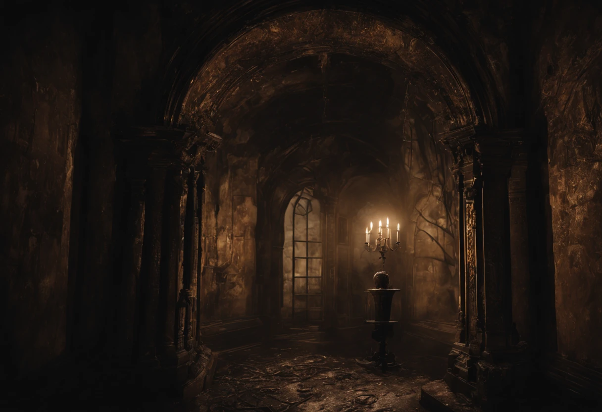 (best quality,4k,8k,highres,masterpiece:1.2),ultra-detailed,(realistic,photorealistic,photo-realistic:1.37),dark and mysterious,haunting atmosphere,ancient architecture,ominous lighting,gloomy shadows,creepy ambiance,flickering candles,decaying walls,cobwebs,heavy chains,rustic iron gates,echoing footsteps,dusty air,dripping water,cracked tombstones,mythical creatures lurking in the shadows,dimly lit corridors,secret passageways,lost souls wandering,creeping vines,ethereal mist,echoes of distant whispers,sense of foreboding,spiral staircase leading downwards,enclosed space,unearthly silence,gothic details,unsettling vibes,dark magic,occult symbols.