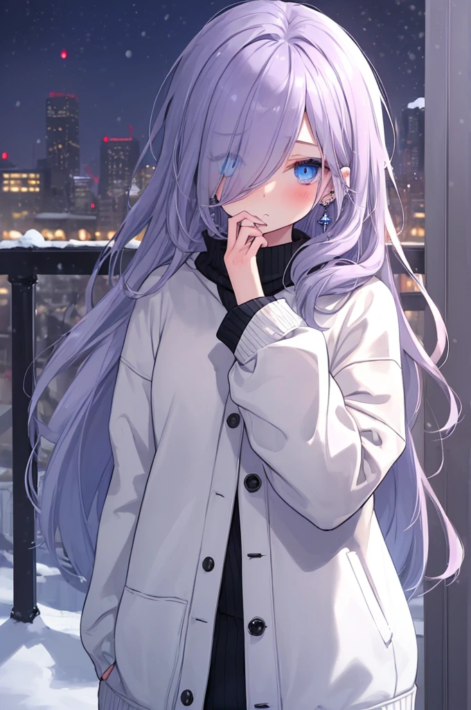 ((masterpiece:1.4, best quality:1.2)), 1girl, solo focus, beautiful skin, blush, grey sweatshirt, long Violet hair, blue eyes, earrings, Hands piercing, night, snowing, cityscape, tall female, beautiful and delicate female, comfy ambience, {detailed background}, hair over one eye, shy, sexy