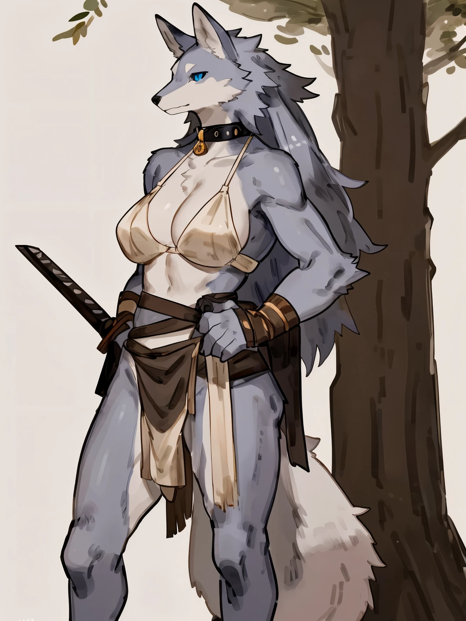 ((By Buta99, by Bebebebebe, best quality, masterpiece, perfect anatomy)), solo, 1female, skinny, muscle, serious, adult, Wolf, light grey furs, light grey long hair, one light grey braid hair, tail, black sclera, blue eyes, claymore sword, big steel spikes collar, breasts cloth tapes, big tits, loincloth, barefoot, standing, white background 