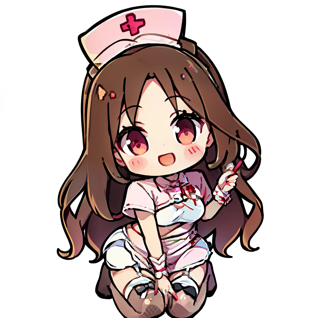 muste piece、super detailed、High quality、masterpiece、highest quality, 1 girl, light brown hair:1.5、wavy long hair、brown eyes、alone、kneel、nurse uniform、garter belt、garter stockings、cross mark nurse cap、bewitching smile、{{pink background、 background:1.8}}、Full body Esbian、icon、