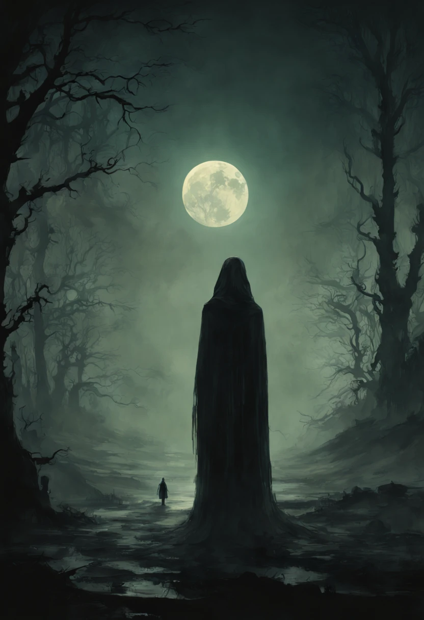 (best quality,4k,8k,highres,masterpiece:1.2),ultra-detailed,(realistic,photorealistic,photo-realistic:1.37),Endless Night,hyperdetailed,double exposure,fantasy,Richard Anderson style,Gris Grimly style,Norman Ackroyd style,dark atmosphere,ethereal,moonlit sky,ominous shadows,haunting silhouette,enchanted forest,mythical creatures,gothic architecture,mysterious fog,stars shining,glowing moon,wispy clouds,magical aura,eerie color palette,contrasting lights and darks,moonlight reflecting on water,surreal landscape,dreamlike ambiance