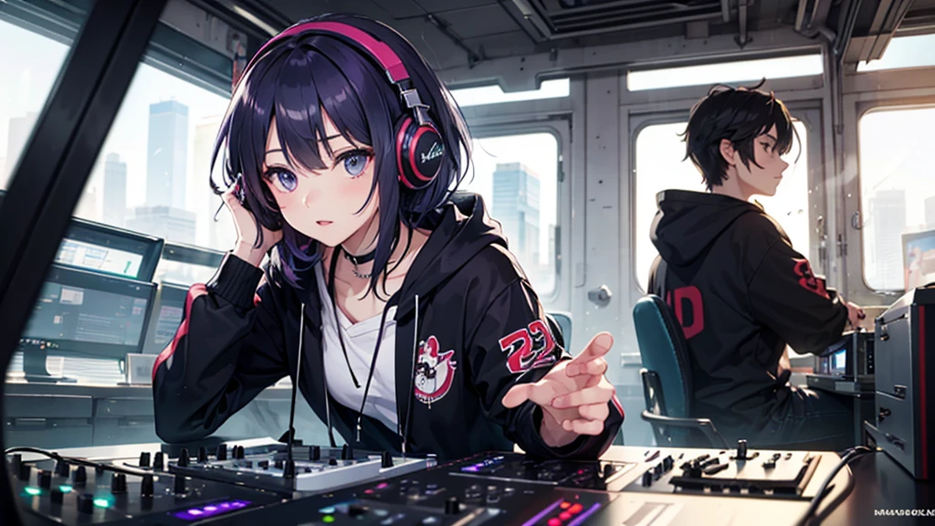 DJ girl purple hair headphones black hoodie