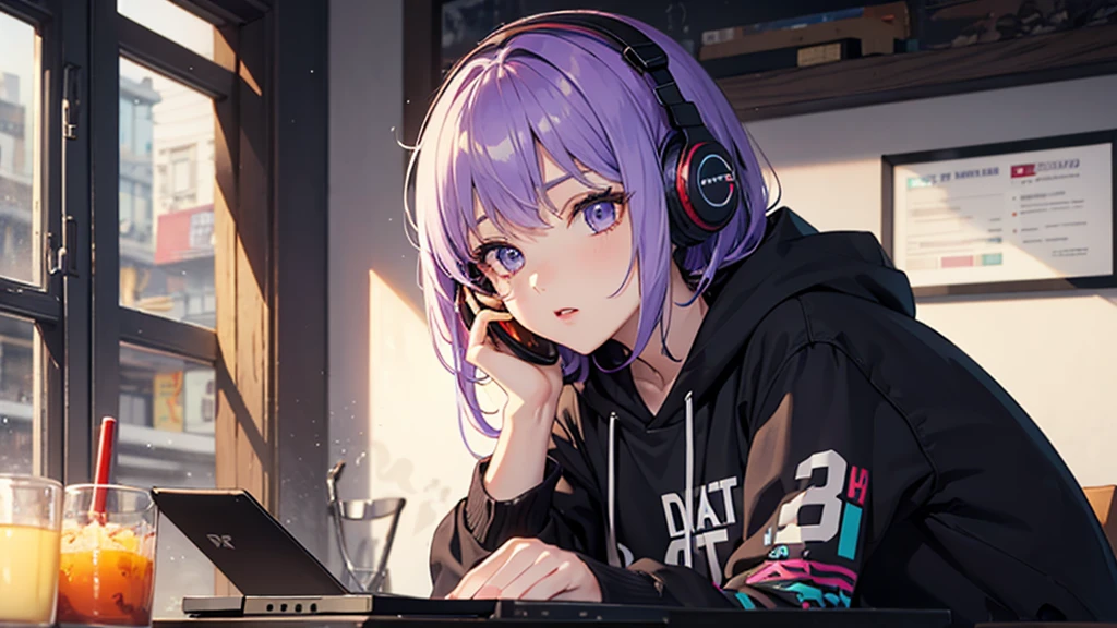 DJ girl purple hair headphones black hoodie