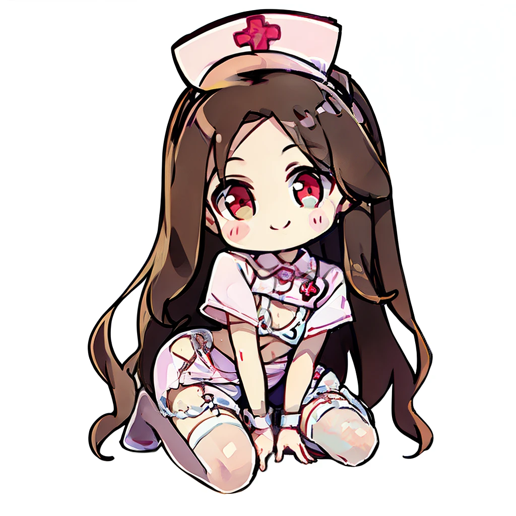 muste piece、super detailed、High quality、masterpiece、highest quality, 1 girl, light brown hair:1.5、wavy long hair、brown eyes、alone、kneel、nurse uniform、garter belt、garter stockings、cross mark nurse cap、bewitching smile、{{pink background、 background:1.8}}、Full body Esbian、icon、