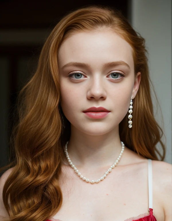 full-length shot of Sadie Sink, in lingerie, stockings, turning sideways, red ginger matted hair tied up in a bun, wearing pearl necklace, nose stud jewelry, wearing hoop earrings, ultra sharp focus, trimmed pubic hair (high detailed skin:1.2), 8k uhd, dslr, high quality, film grain, Fujifilm XT38k, {{1girl}},  full-length portrait, captivating eyes, bright details, pouting lips, (high skin detail), perky breasts (tint: 0.6), (dirty: 0.8), (bloody: 0.7), Key lighting, (backlight: 0.5), medium depth of field, Canon 5D, 50mm lens, (ultra-detailed, complex detail), sharp focus, 4k, absurd, 8mm film grain, flirting with camera