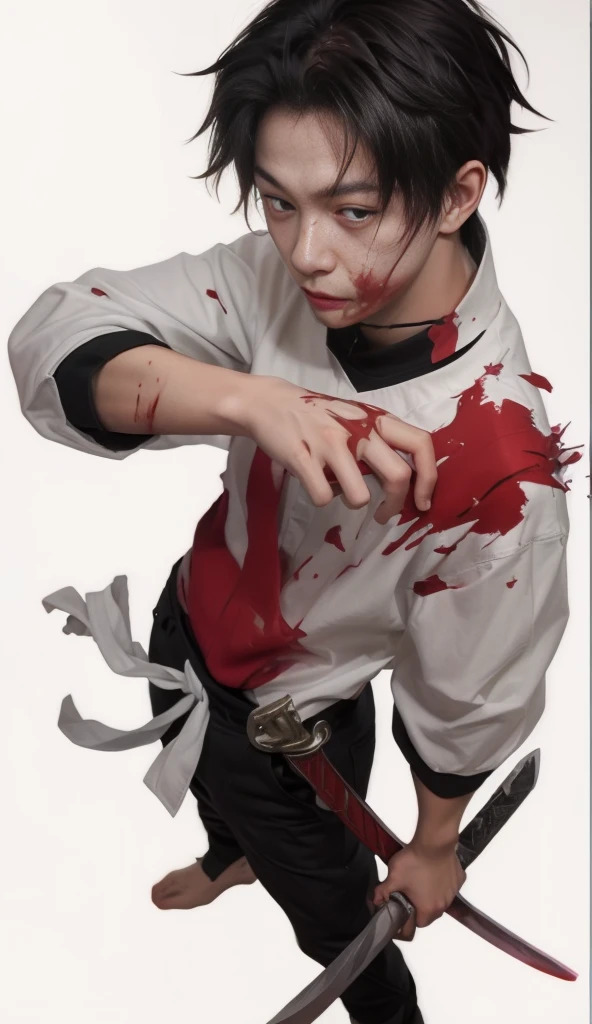 (((fotorealista))), boy with sword in hand and blood on his body, 4k, muita qualidade, obra prima, detalhado, Okkotsu Yuta, Jujutsu Kaisen, ferido, Scratches, realista, ((kinematics)), extremamente detalhado, ((blusa branca)), ((black pants)), olhos pretos bastante frios, Adolescente, ((8k)), background scenery