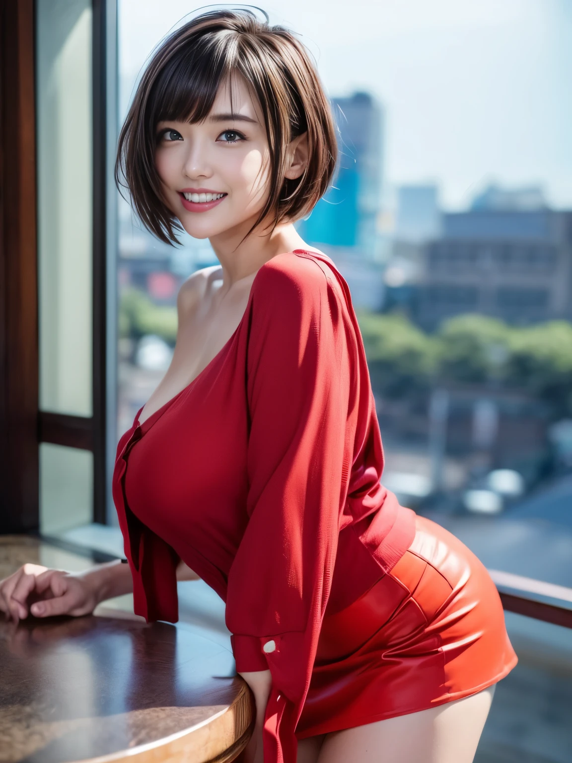 soft light, (((short hair:1.3), short bangs, Floating hair NovaFrogStyle)), ((The Ultimate Beautiful Japan Married Woman)), 50 generations, fine eyes, (Big eyes:1.3), detailed lips, very detailed目と顔, beautifully detailed nose, 美しくてfine eyes, long eyelashes, light shines on your face, (Separated lips:1.2), (beautiful white teeth:1.3), Adult-like appearance, ((big and full breasts)), realistic face, realistic body, beautiful detailed thighs, (Red blouse:1.3)、(Tight micro mini skirt in red:1.4)、thighs thighs、(cowboy shot:1.3), ((written boundary depth))、With background：((The city of Ginza, Tokyo))、(RAW photo, highest quality), (realistic, Photoreal:1.3), table top, very delicate and beautiful, very detailed, nffsw, unity , 2k wallpaper, wonderful, small details, light smile, Highly detailed ticker unity 8k wallpaper, huge file size, Super detailed, High resolution, absurd,